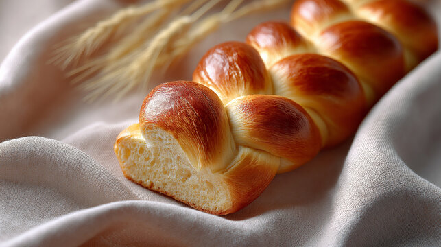 Golden braided challah bread with wheat on linen