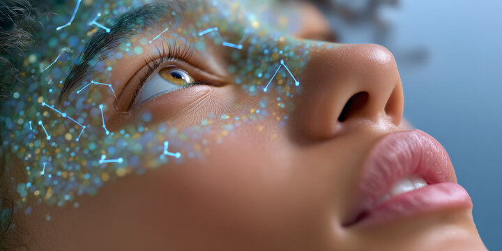 Close-up of young african female face with digital network overlay