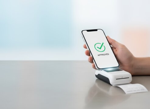 Hand taps phone on card reader in minimal scene with soft gradients emphasizing convenience speed and smooth trusted modern action