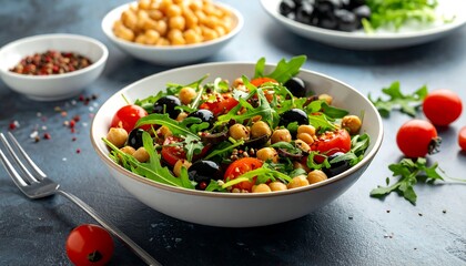 Bright salad with chickpeas, tomatoes, arugula and olives in a white bowl. Fork aside on blue textural backdrop