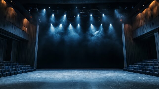 Empty theater stage illuminated by dramatic blue lights, showcasing a spacious performance area with wooden accents and a misty atmosphere, ready for an upcoming show or event