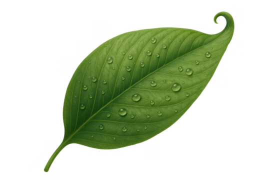 Green leaf with fresh water drops symbolizing nature, ecology, purity, and environmental health, transparent background