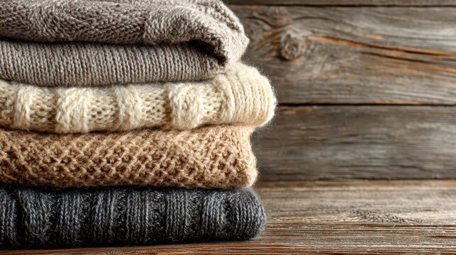 Warm Tone Woolen Garments Piled on Wood, Cozy Texture, Large Text Area on Right