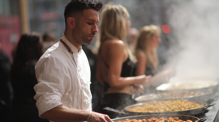 talented street chef presents futuristic culinary experience with holographic food display