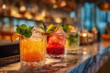 Warmly lit bar counter showcasing modern cocktails and fresh garnishes