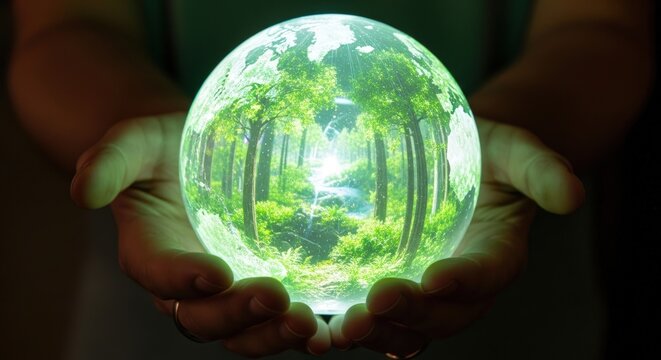 Hands holding a glowing earth with a forest inside for environmental protection