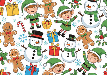 Happy Christmas Pattern with Elves, Snowmen, and Gingerbread Men