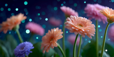 Vibrant gerbera daisies in bloom against a glittering night sky