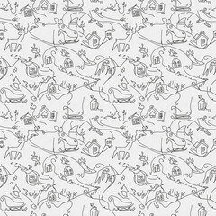 Fototapeta premium Whimsical Winter Scene: Hand-Drawn Reindeer, Sleds, and Cottages Seamless Pattern
