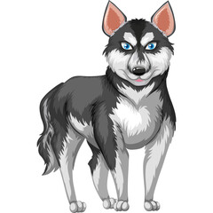 Pixel Art Portrait of a Black and Gray Husky Dog with Blue Eyes and Pink Tongue Standing on a Transparent Background
