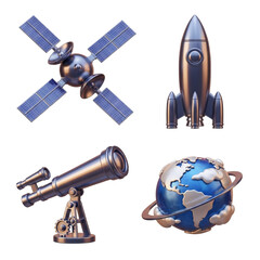 Space exploration and technology objects including satellite, rocket, telescope, and earth, isolated on transparent background