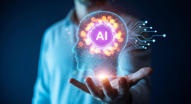 Man holding a glowing ai head with circuits and data points