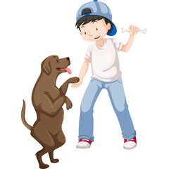 Smiling young boy in a white t-shirt and blue jeans plays fetch with a brown dog outdoors against a transparent background the dog stands on its hind legs reaching for a bone