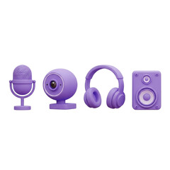 Set of purple audio and video equipment isolated on transparent background