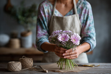 Female florist arranging pink daisies in rustic workshop setting