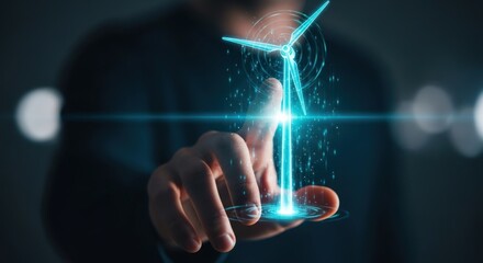 Person touching a holographic wind turbine representing renewable energy technology
