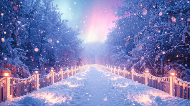 Snow-covered village street lit with warm Christmas lights, dreamy fantasy style, winter trees, glowing sky, concept of holiday magic