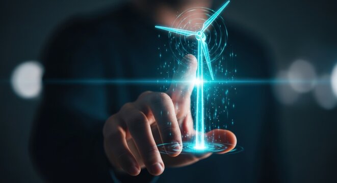 Person touching a holographic wind turbine representing renewable energy technology