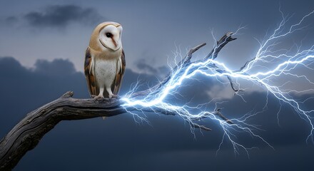 A majestic owl perched on a tree branch amidst a stormy sky with lightning illuminating the background, creating a dramatic and powerful scene