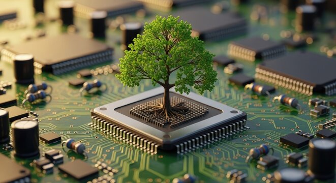 A tree growing from a computer chip representing the blend of nature and technology