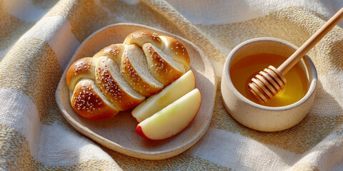 Braided bread with apple slices and honey on a picnic blanket