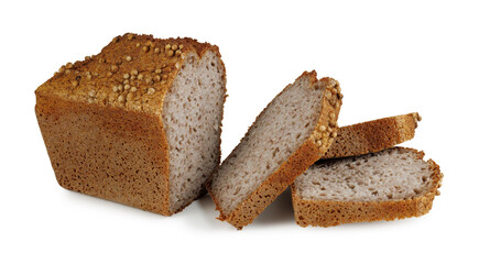 Sprouted buckwheat bread with coriander on a white background. Sliced buckwheat loaf on a white background.