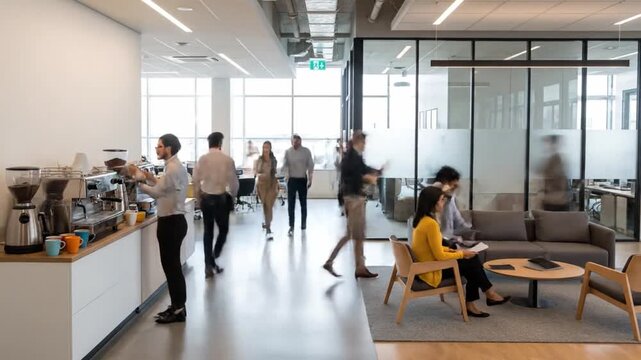 A time-lapse of the daily flow of employees in a busy and collaborative modern office, showing communication and constant movement