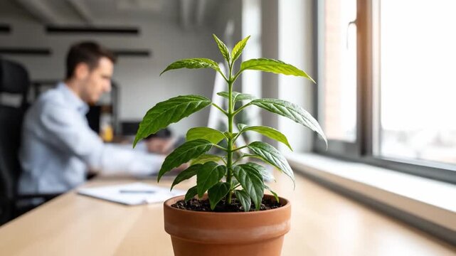 A time-lapse of a plant growing on a desk in a busy office, symbolizing growth, nature, and a healthy workplace