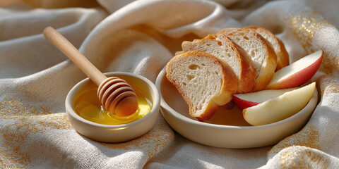 Sliced bread with honey and apple slices on soft fabric background