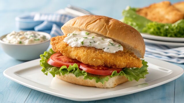 Classic fried fish sandwich with fresh vegetables and tartar sauce, ideal for food delivery menus or restaurant catalog imagery