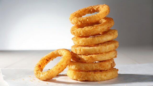 Stacked crispy onion rings on plain background, snack or side menu, suitable for fast food restaurant advertising imagery
