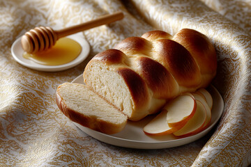 Freshly baked challah on elegant fabric with honey and apple slices