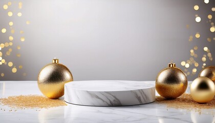 Christmas concept. Empty white podiums on white background with golden ball decorations and gold glitters 