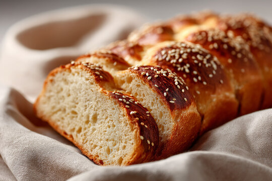 Freshly baked sesame challah bread on linen cloth