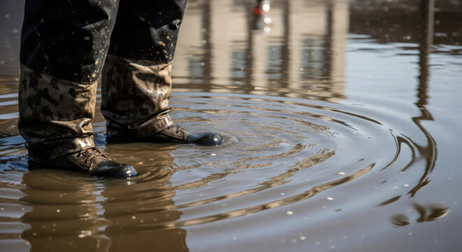 Man in dirty rubber boots standing in floodwater. Emergency response to natural disaster and aftermath of heavy rain.
