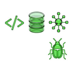 Green technology and programming icons code, database, network, bug isolated on transparent background