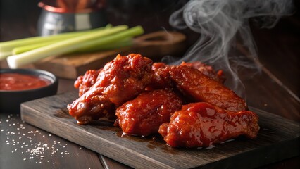 Hot buffalo chicken wings with sauce and celery sticks, appetizer or snack menu, great for sports bar or food content