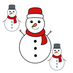 Cartoon snowman vector with red hat and scarf, Christmas tree, and snowflakes for a winter holiday card