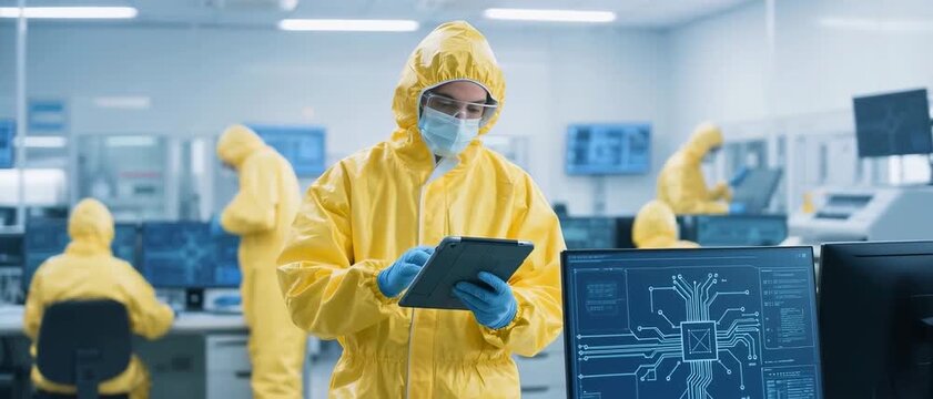 Scientist Analyzing Data, Yellow Hazmat Suit Worker, Cleanroom Lab, Technology Research Image, Sterile Environment, Front Viewpoint, Advanced Microchip Innovation