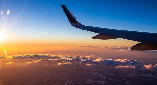 Airplane wing view above the clouds during a dramatic golden hour sunset