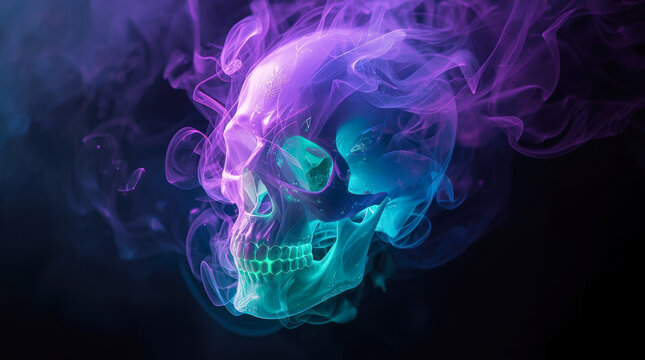Translucent glowing skull in cyan and purple hues surrounded by swirling smoke, with a dark background, symbolizing mysticism and mortality