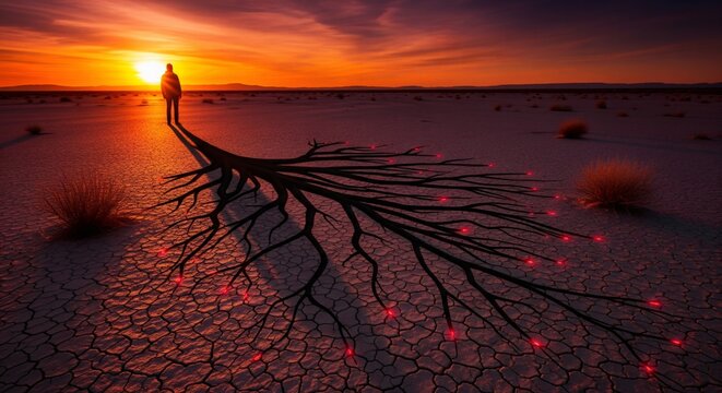 Solitary Figure Roots Across Arid Land at Sunset - Powered by Adobe