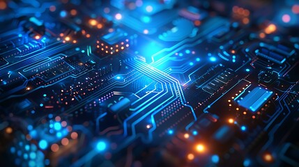 Detailed close up of a glowing blue circuit board with orange lights and blurred background elements
