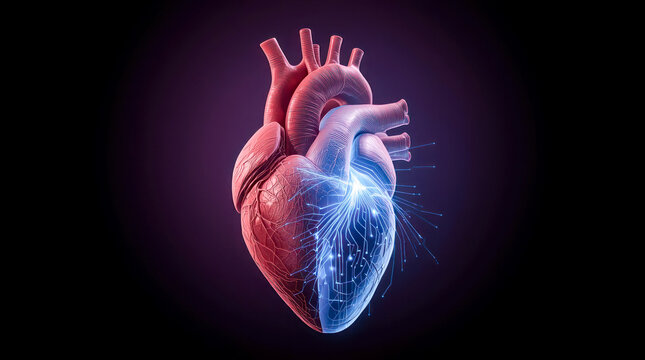 Anatomical human heart fused with digital circuits, futuristic concept style, on dark gradient background, symbolizing biotech and innovation