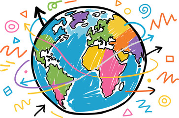 Hand-drawn colorful world map with dynamic arrows showing global movement, international connections, travel routes, communication flow, creativity, and worldwide interaction.