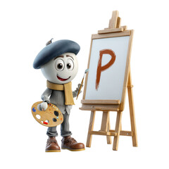 Fototapeta premium 3D cartoon painter holding palette next to easel with letter P isolated on Transparent Background
