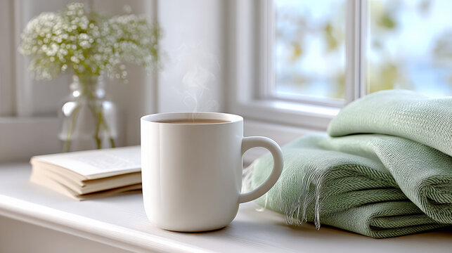 Cozy morning scene with steaming coffee mug, open book, and soft green towels by sunny window