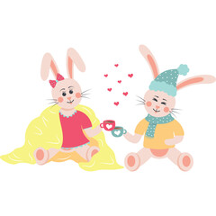 Two Adorable Cartoon Rabbits Sharing a Warm Drink on a Cold Day Wrapped in a Cozy Blanket Featuring Pink and Blue Outfits and Heart Accents with a Transparent Background