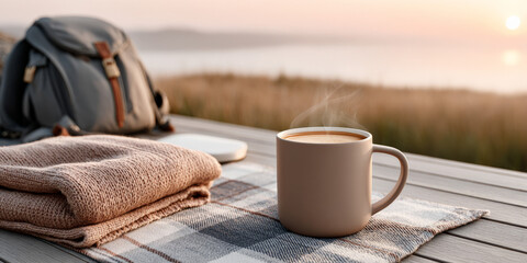 Cozy morning: steaming coffee on outdoor picnic table by lake during sunrise