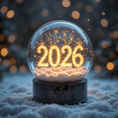 Snow globe containing glowing 2026 numbers, floating spark trails.